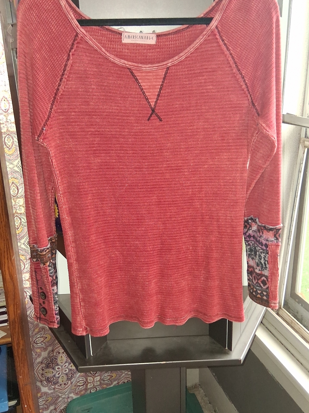 American Apparel Coral Long Sleeve Thermal Top with Patterned Cuffs